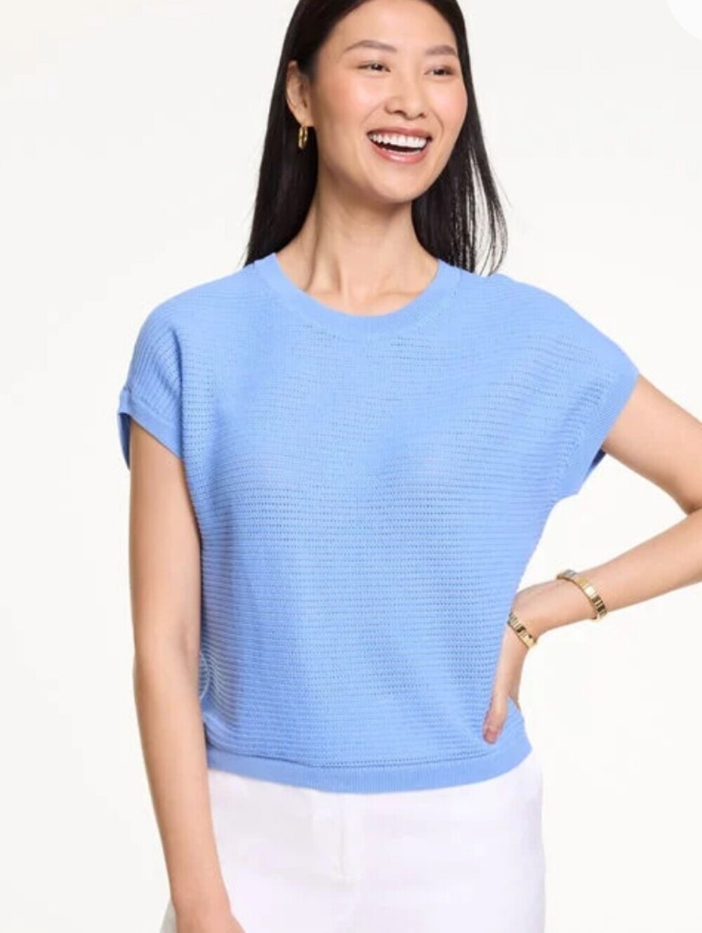 Talbots Blue Off The Shoulder Short Sleeve Crewneck Sweater In Blue Size L